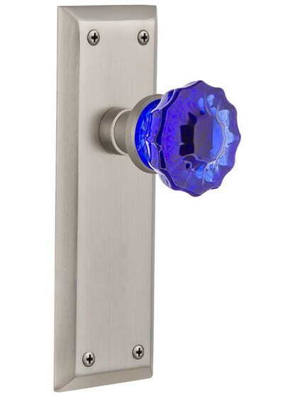 New York Door Set with Colored Fluted Crystal Glass Knobs Cobalt Blue in Satin Nickel.